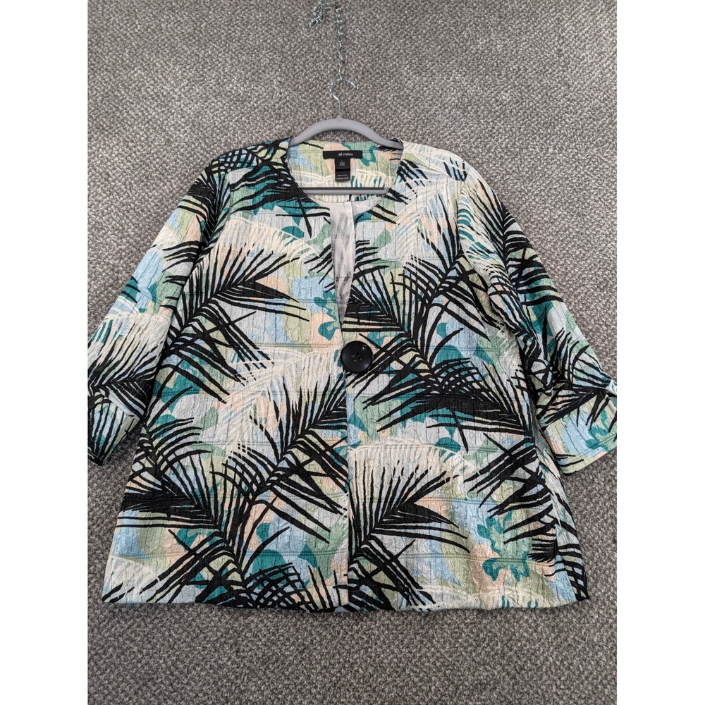 Ali Miles Womens Large Tropical Palm Leaf Crinkle Print Jacket Open Front Button